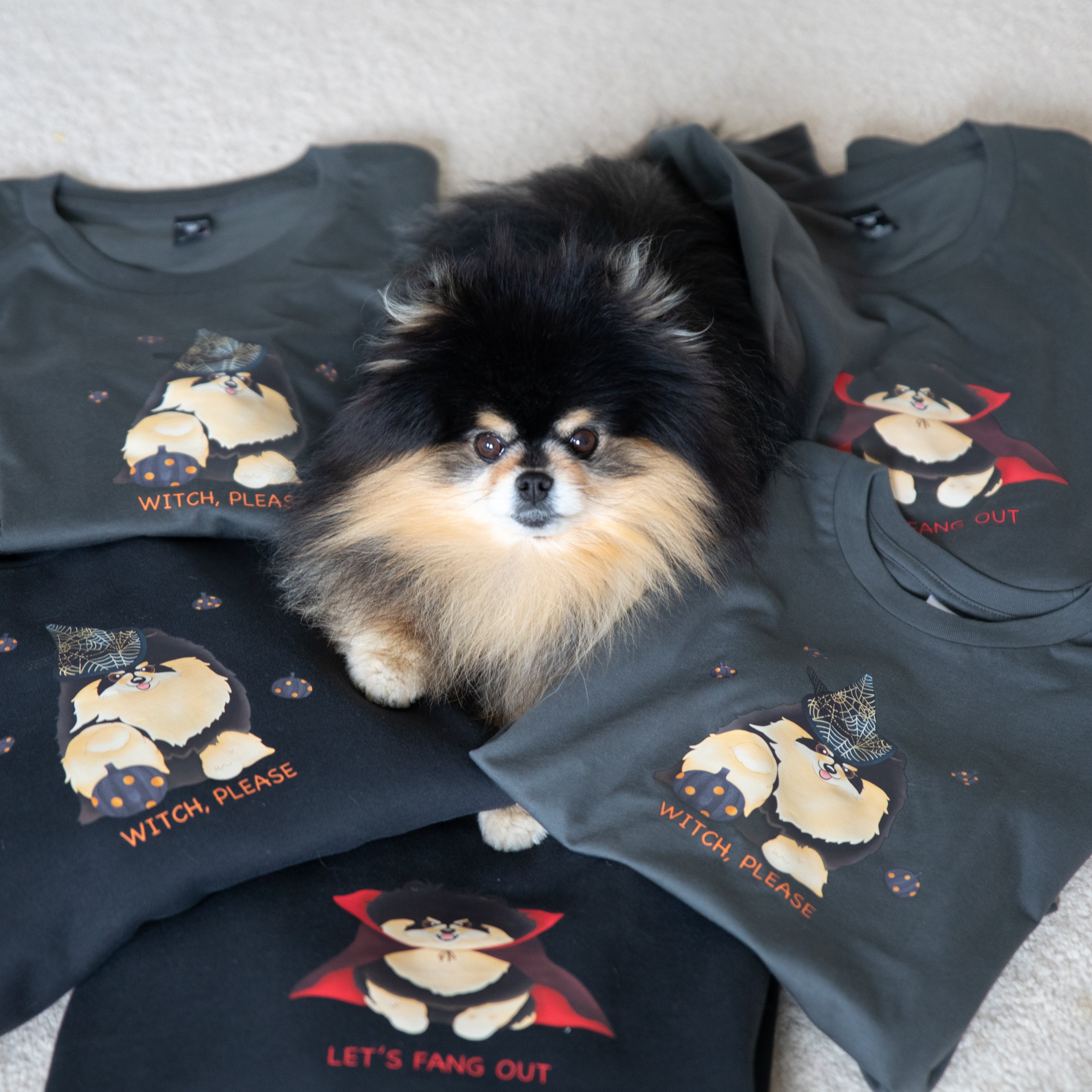 Mocha Pom posing for a photo with her Halloween merch